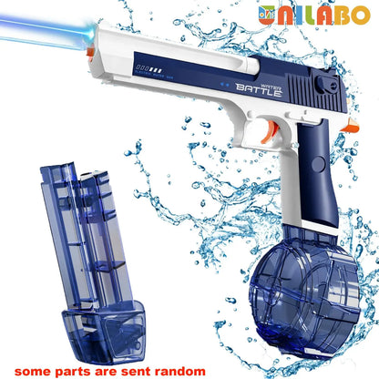 Pistola de agua eléctrica Unilabo M416 – Lanza agua automática a batería con accesorio de botella externa para diversión veraniega al aire libre para niños y adultos