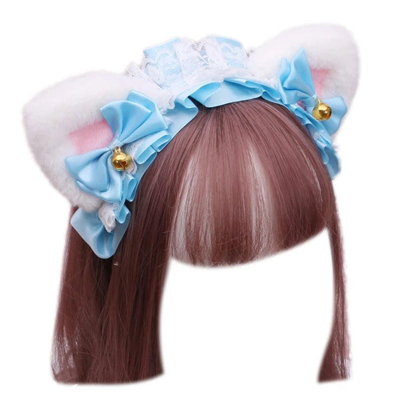 Cute Anime Lolita Cat Ear Headband, Plush Animal Ears with Ruffled Lace, Ribbon Bow and Bell, Kawaii Cosplay Hair Hoop for Masquerade, Costume Parties, and Daily Wear