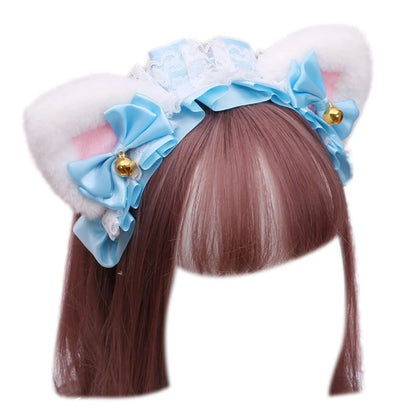 Cute Anime Lolita Cat Ear Headband, Plush Animal Ears with Ruffled Lace, Ribbon Bow and Bell, Kawaii Cosplay Hair Hoop for Masquerade, Costume Parties, and Daily Wear