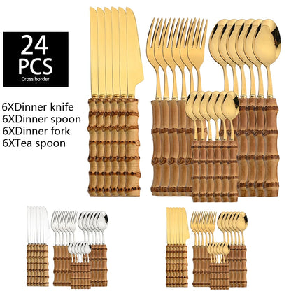 Ensemble de couverts 24 pièces avec manche en bambou – Ensemble de couverts en acier inoxydable avec manches en bois naturel, ustensiles de table pour cuisine, salle à manger, steak et dressages de table