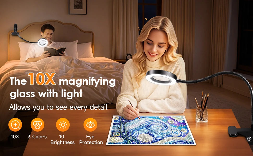10X LED Magnifying Desk Lamp – 3 Color Light Modes Clamp Magnifier with Flexible Gooseneck for Reading & Nail Art
