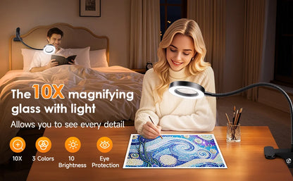 10X LED Magnifying Desk Lamp – 3 Color Light Modes Clamp Magnifier with Flexible Gooseneck for Reading & Nail Art