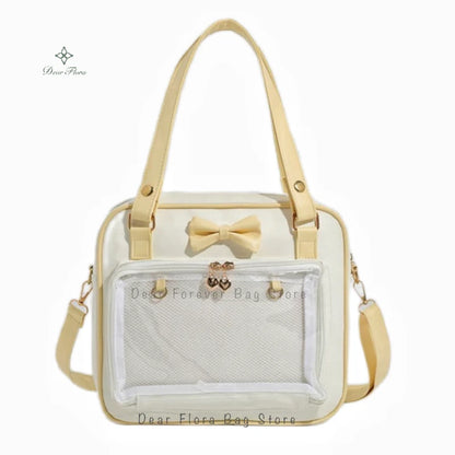 Bolso Y2K lindo con moño Ita – Bolso de hombro transparente para mujer y niña, bolso tote de exhibición de insignias DIY, bolso bandolera de moda Lolita con diseño de moño Kawaii