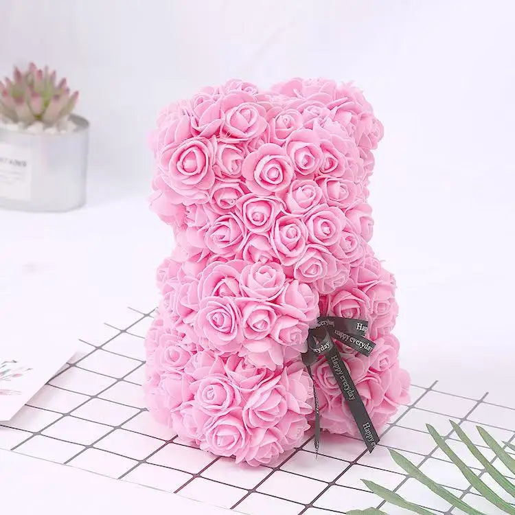 Oso de rosas artificiales de 25 cm con caja de regalo – Regalo romántico para ella en San Valentín, aniversario y boda