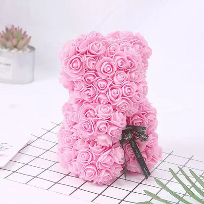 Oso de rosas artificiales de 25 cm con caja de regalo – Regalo romántico para ella en San Valentín, aniversario y boda