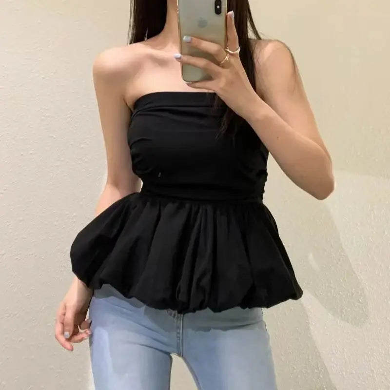 Women's Strapless Tube Top – Solid Color Pleated Sleeveless Camisole for Summer Casual Fashion