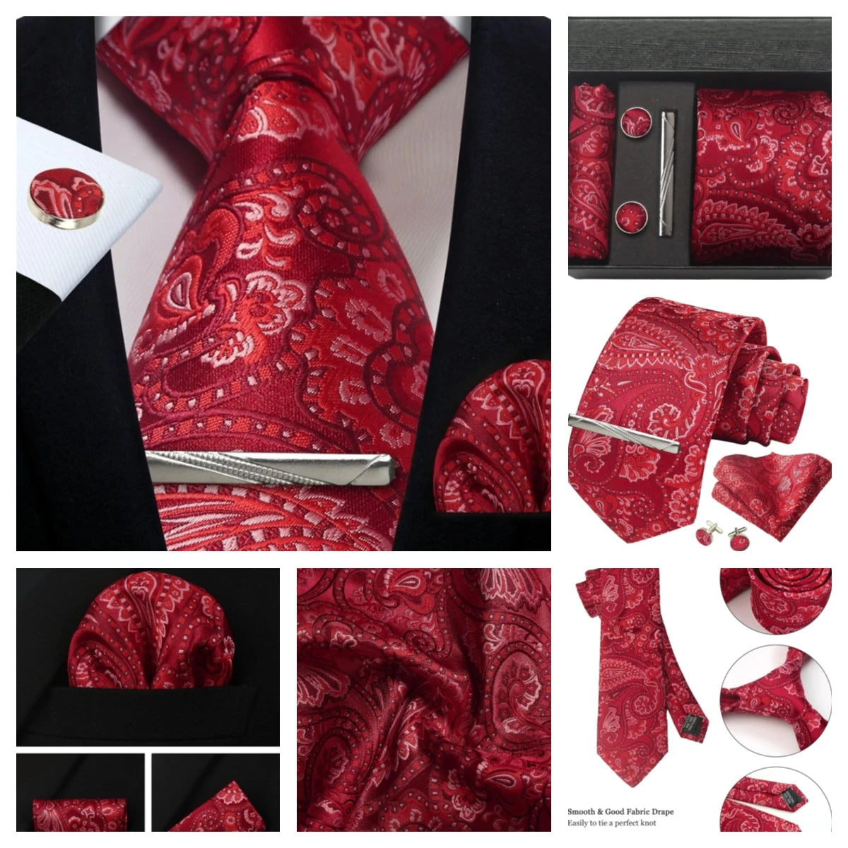 Corbata de seda 100% con diseño floral de Paisley para hombre con pañuelo de bolsillo, pasador de corbata y gemelos en caja de regalo