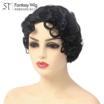 1920s Vintage Black Short Curly Cosplay Wig – Synthetic Party Headgear