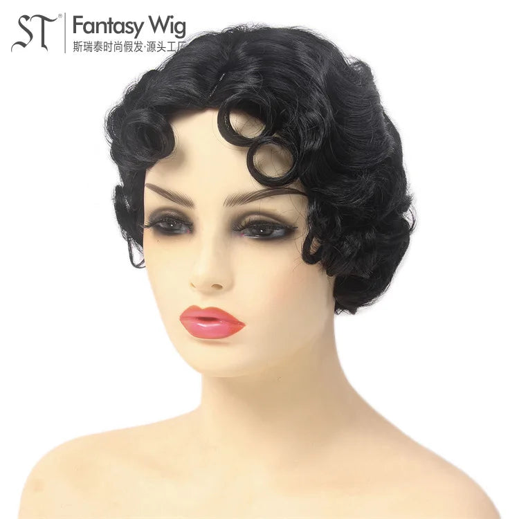 1920s Vintage Black Short Curly Cosplay Wig – Synthetic Party Headgear