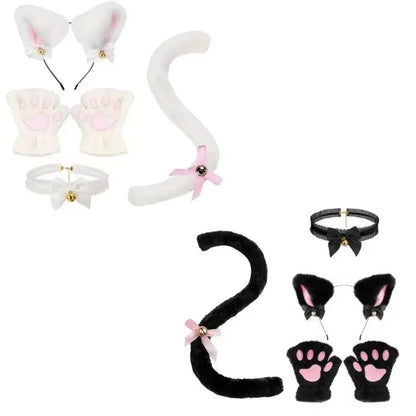 Cute Cat Woman Cosplay Accessories Set, Cat Ears Headband with Lolita Bow and Cat Paw Gloves, Kawaii Anime Costume Headwear for Girls, JK Fashion, Halloween, and Dress-Up Parties