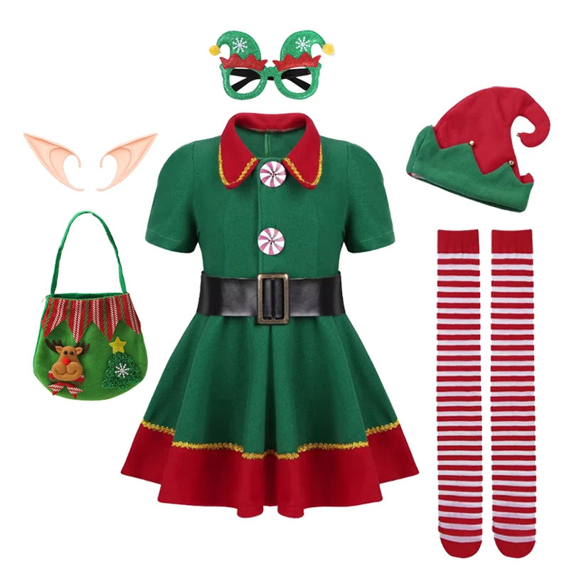 Kids Christmas Santa Claus and Green Elf Costume Set, Boys and Girls Holiday Cosplay Outfit, Festive Fancy Dress for Christmas Parties, Family Carnivals, Halloween Events and Seasonal Celebrations