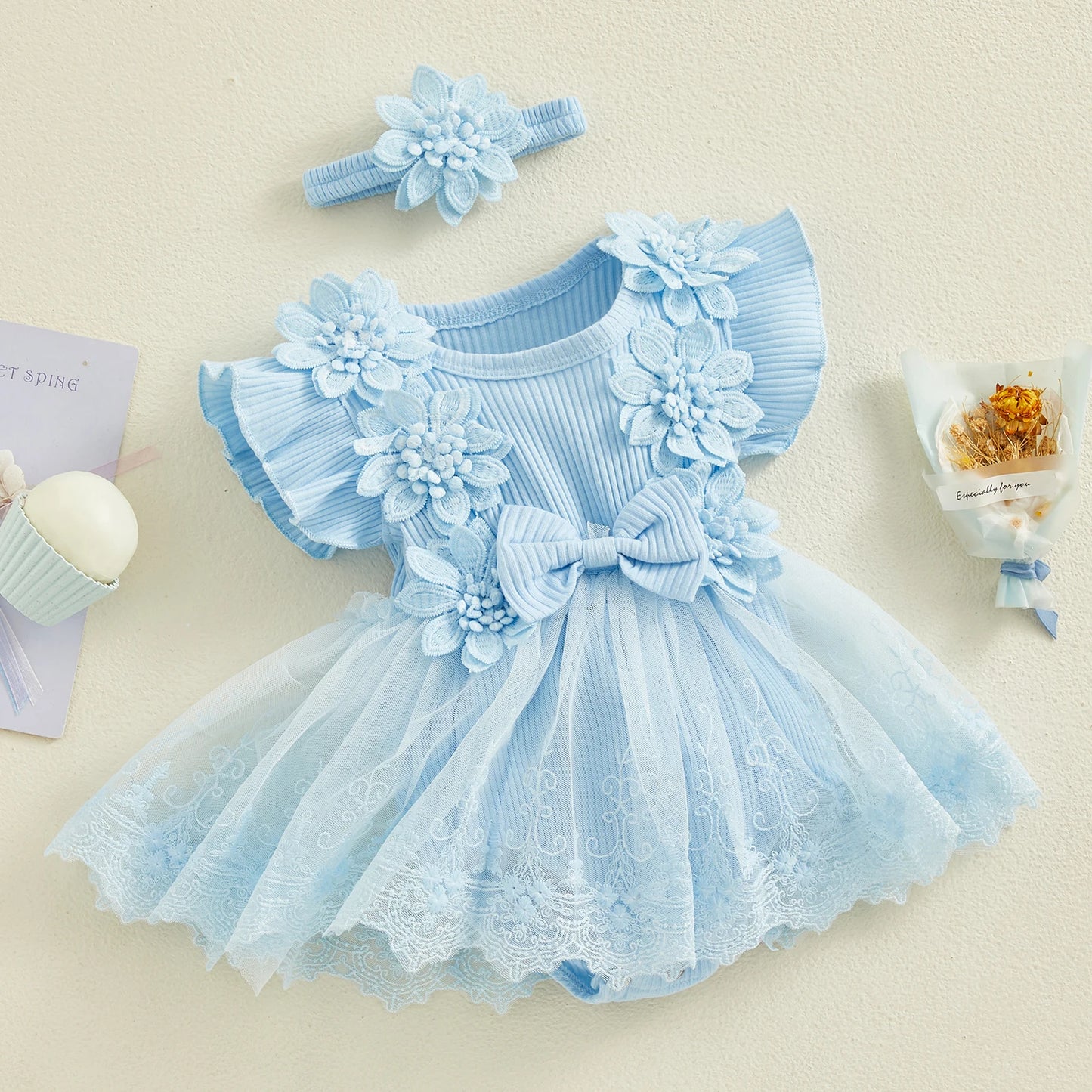 Vestido de mameluco 3D con flores para bebé – Body de malla de princesa de verano con volantes de encaje, conjunto de recién nacido con diadema a juego, ropa linda para niños para ocasiones especiales y uso diario