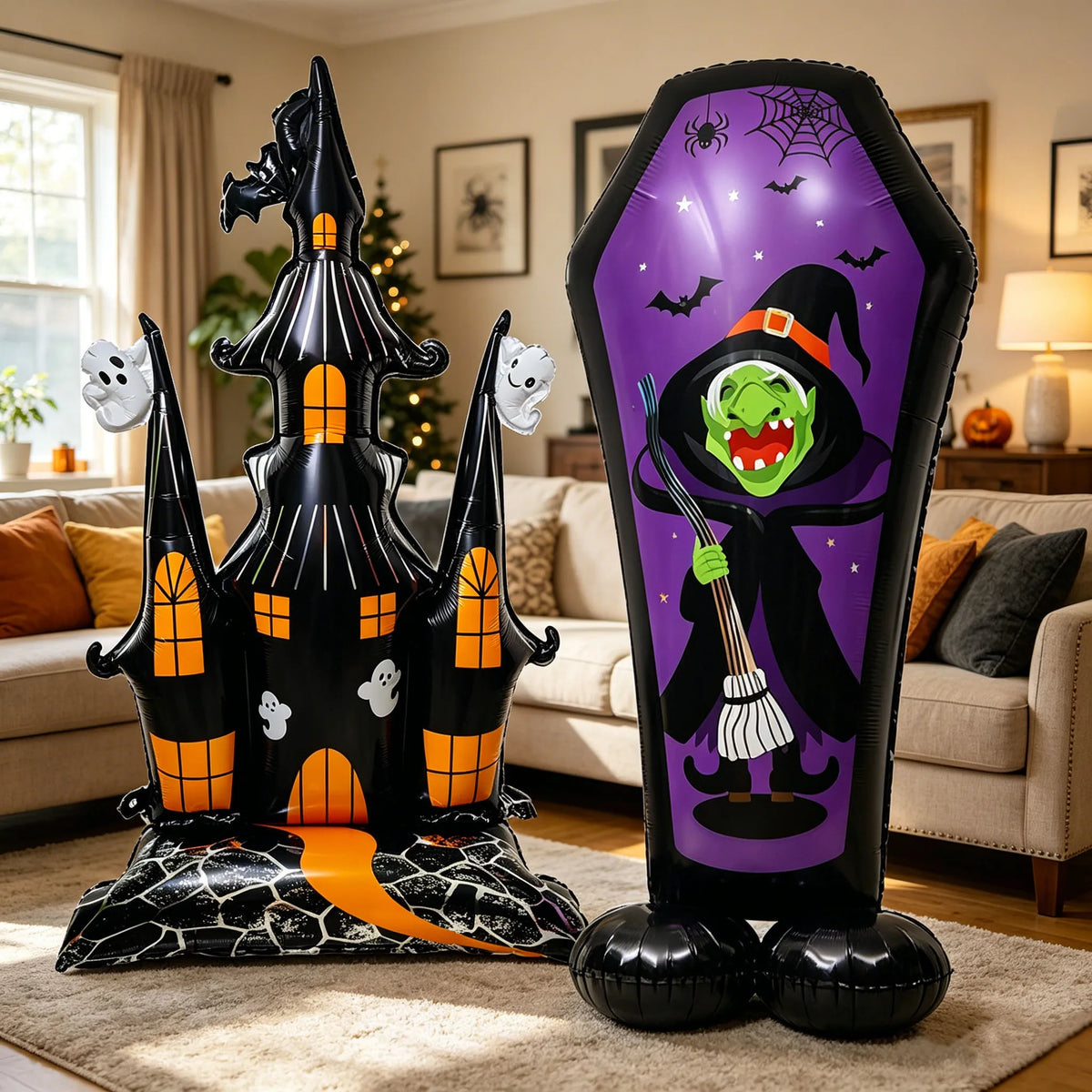 Large Halloween Standing Foil Balloons – Haunted House, Castle, Skull, Coffin & Witch Mylar Balloons for Halloween Party Decorations