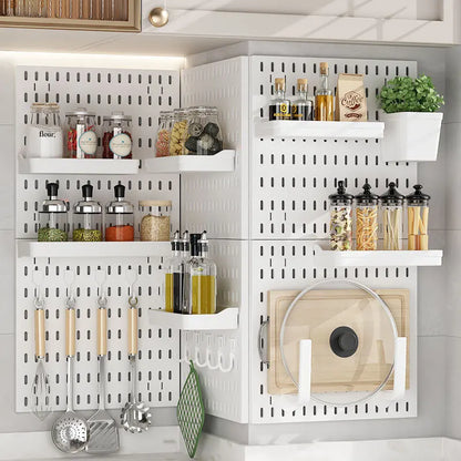 Organizador de pared de tablero perforado sin taladros – Panel de almacenamiento modular con estantes y accesorios para cocina, baño y sala de juegos