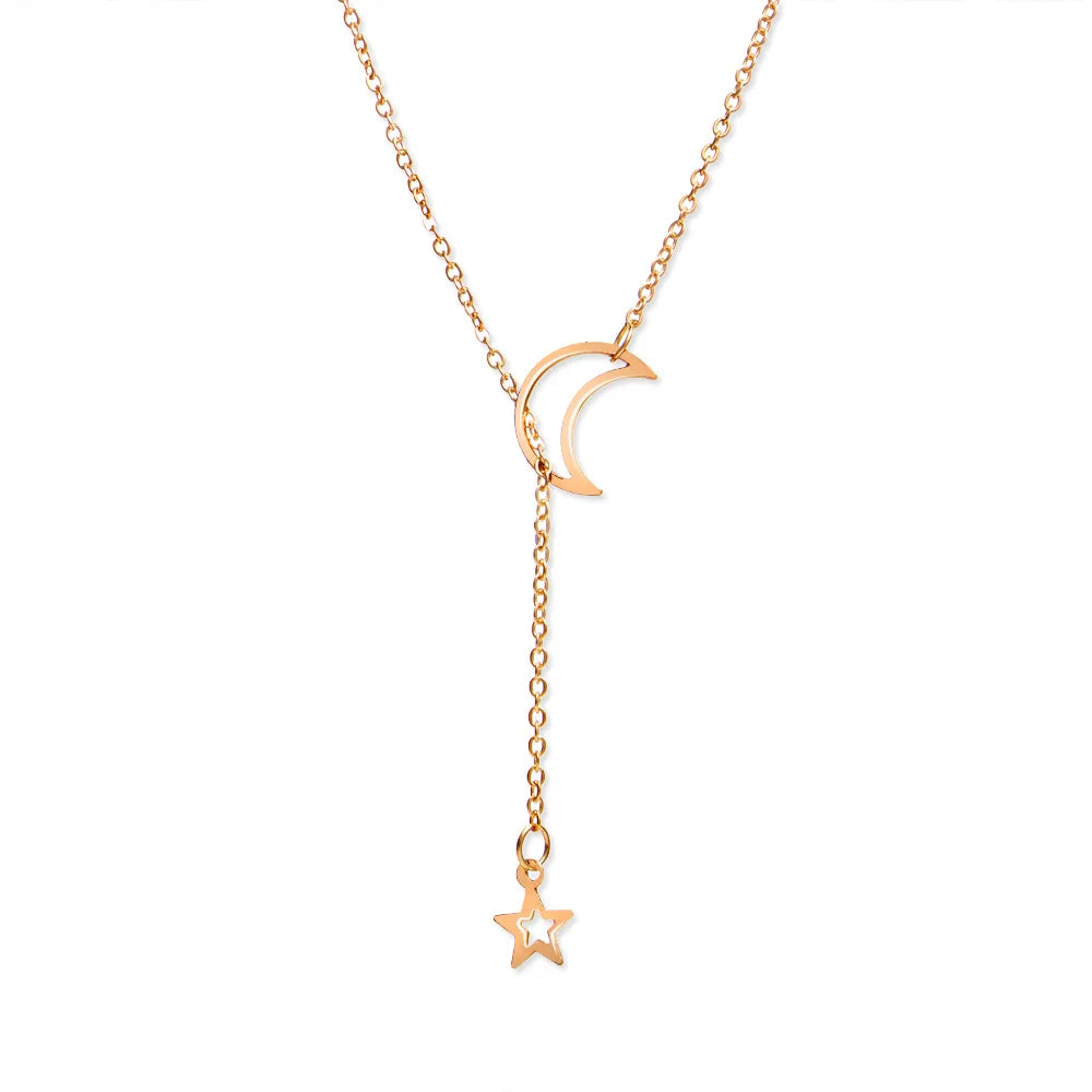 Gargantilla con colgante de luna y estrella dorada – Cadena minimalista de aleación con dije para mujer | Regalo de joyería de moda para fiesta