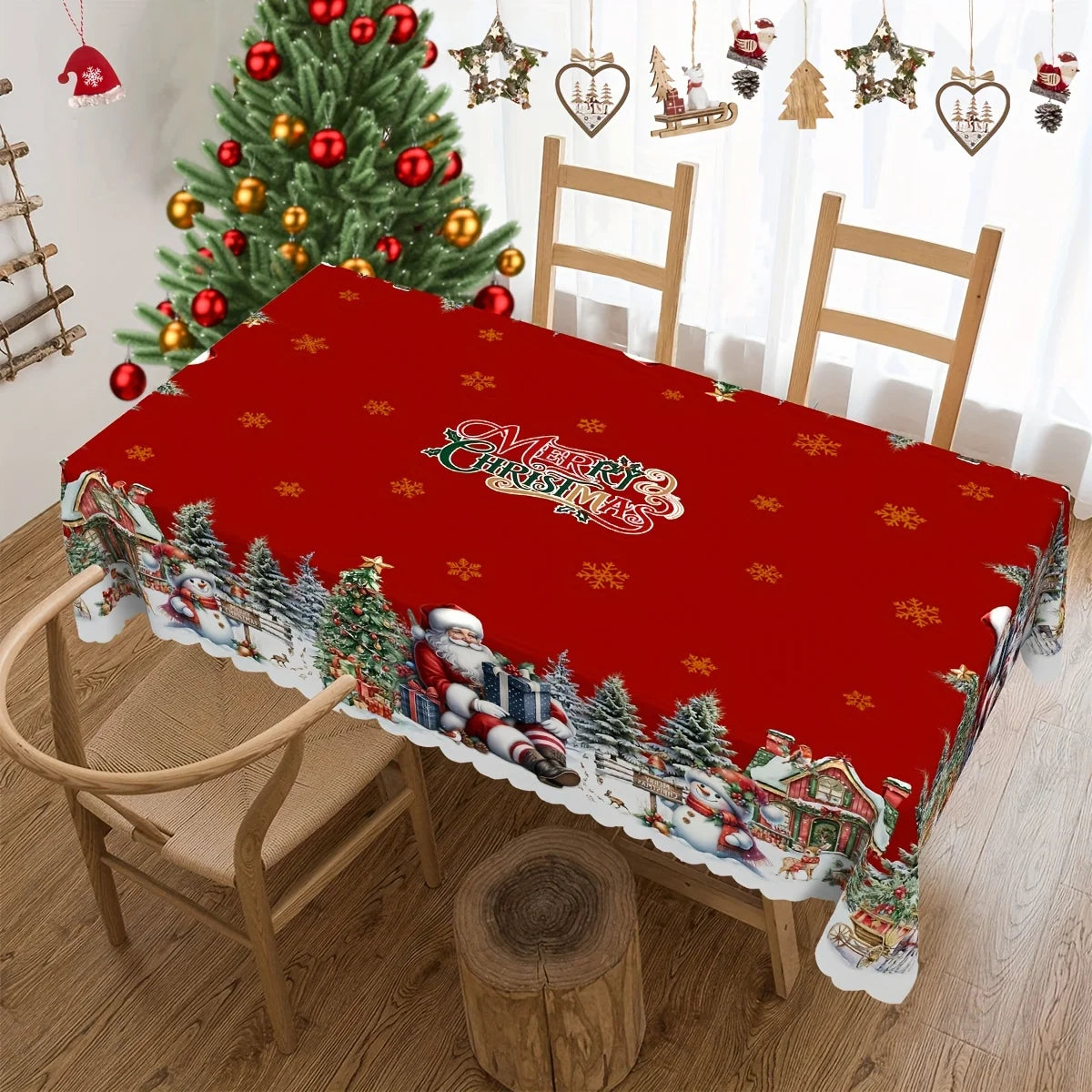 Christmas Santa Claus Snowman Tablecloth – Winter Snowflake Dining Table Cover for Kitchen, Home & Holiday Decor