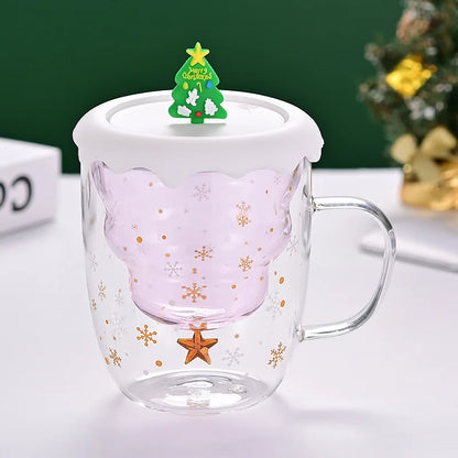 Christmas Tree Glass Cup – Transparent Double-Wall Heat-Resistant Couples Mug with Snowflake Design, Creative Coffee & Drinking Cup Gift