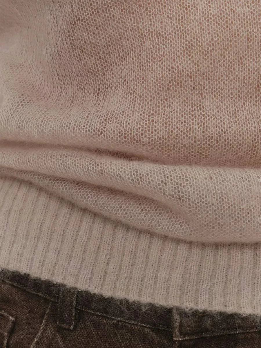 Women’s Classic Mohair Knitted Sweater Top Spring Summer Loose O-Neck Micro Sheer Cool Knit Shirt