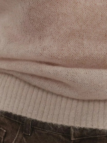 Women’s Classic Mohair Knitted Sweater Top Spring Summer Loose O-Neck Micro Sheer Cool Knit Shirt