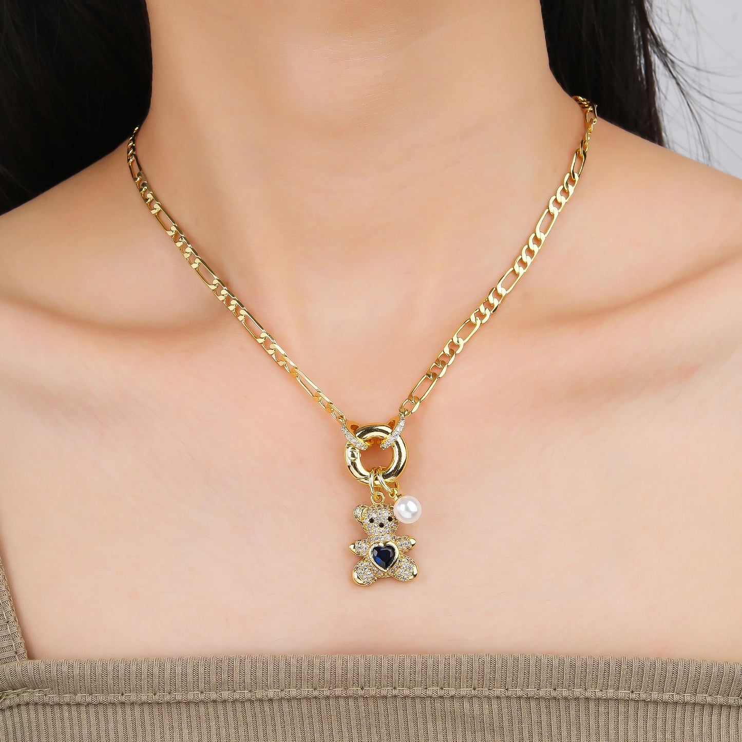 High Quality Shiny Crystal Zirconia Cute Bear Pendant Necklace Choker for Women Girls Holiday Collarbone Chain Gift