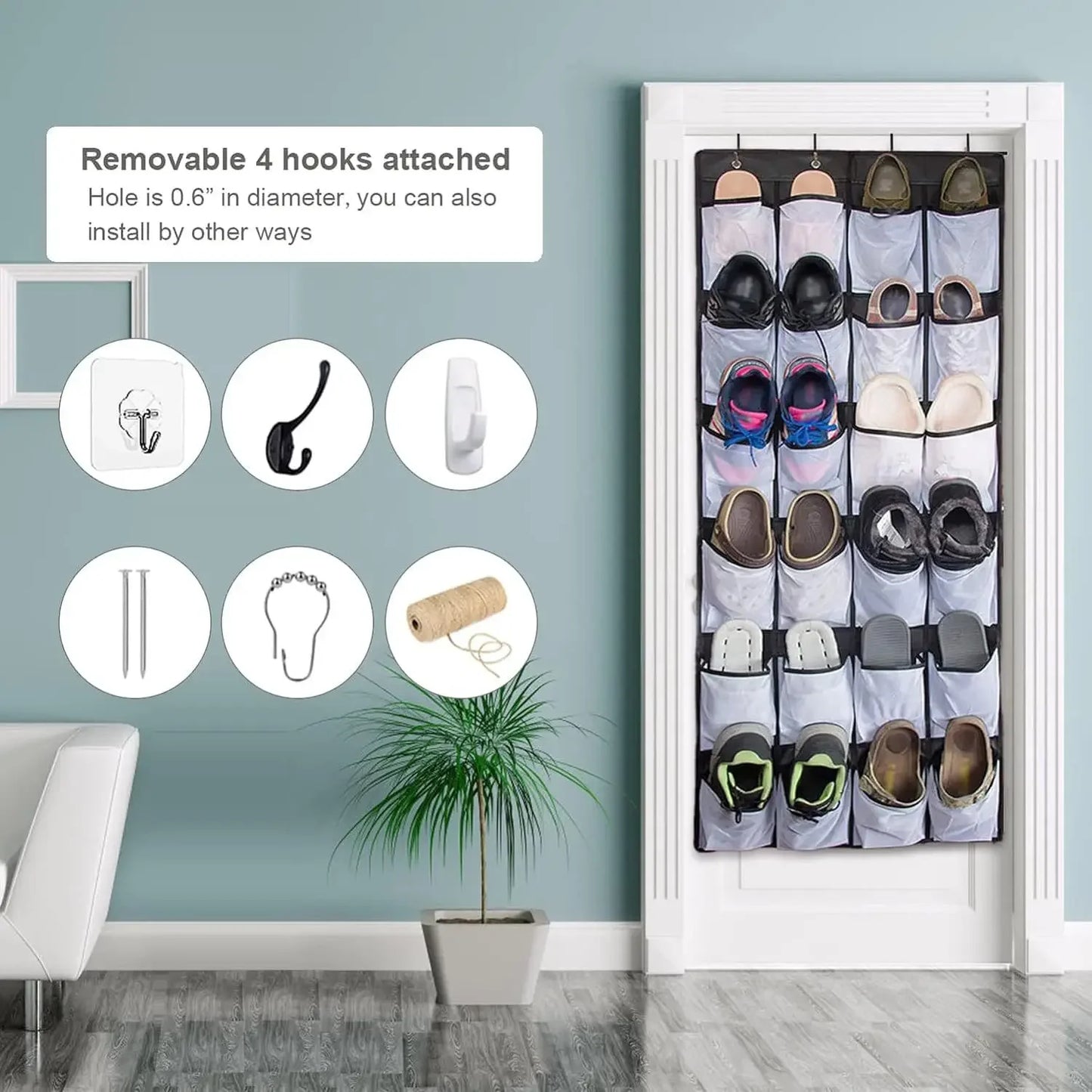 Over-the-Door Shoe Organizer - 12, 14 or 24 Pocket Hanging Shoe Storage with Large Mesh Pockets & 4 Hooks