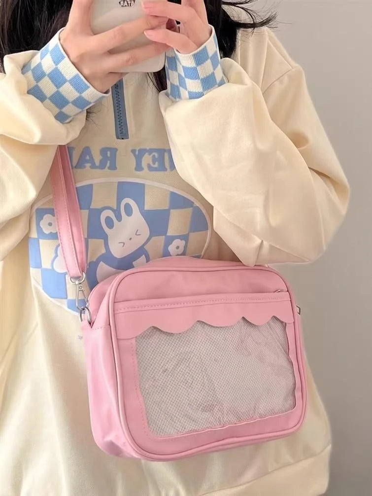 Bolso japonés Harajuku Ita – Bolso bandolera de piel sintética con bolsillo transparente para mujeres y estudiantes de secundaria, bolso de estilo uniforme JK, bolso de almacenamiento de moda Kawaii para coleccionistas y uso diario