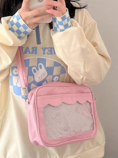 Bolso japonés Harajuku Ita – Bolso bandolera de piel sintética con bolsillo transparente para mujeres y estudiantes de secundaria, bolso de estilo uniforme JK, bolso de almacenamiento de moda Kawaii para coleccionistas y uso diario