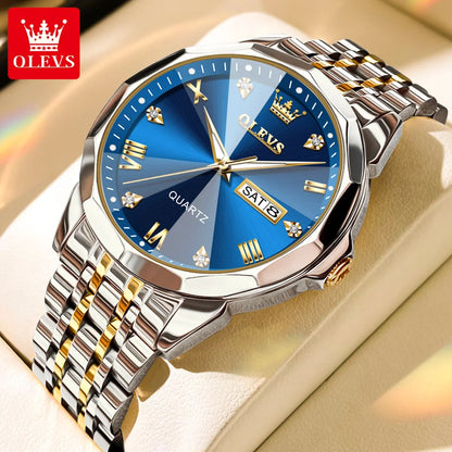 OLEVS 9931 Men’s Quartz Wristwatch – Luxury Diamond-Style Dial, Dual Calendar, Waterproof Design & Stainless Steel Strap