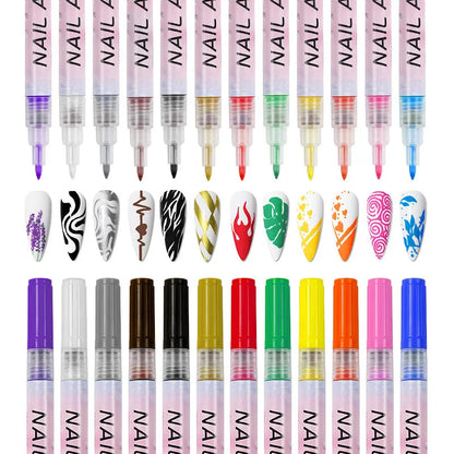 Set de 12 bolígrafos de grafiti para decoración de uñas – Herramientas delineadoras 3D impermeables para manicura y pintura de uñas DIY
