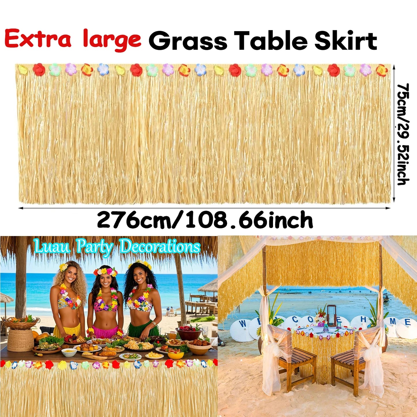 Hawaiian Luau Party Decorations Set – Tropical Beach-Themed Party Supplies with Grass Table Skirt & Hibiscus Flowers for Celebrations
