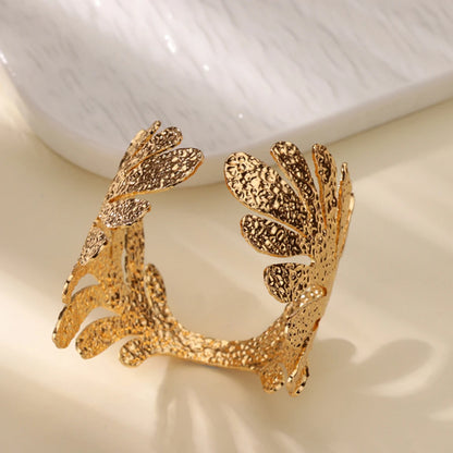 Stainless Steel Open Flower & Leaf Bangle Bracelet – Gold Geometric Cuff Bracelet for Women & Men | Minimalist Fashion Jewelry