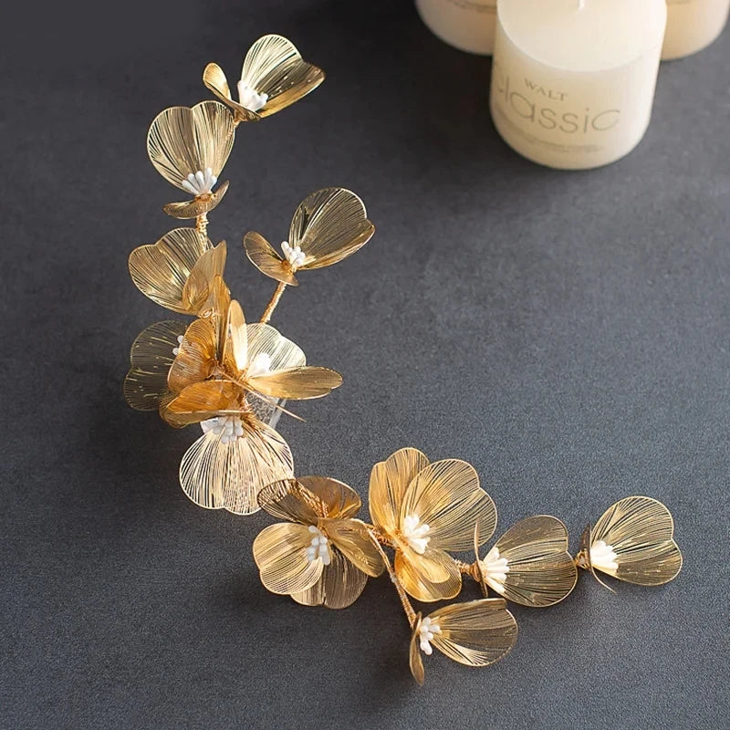 Vintage Gold Floral Bridal Headband with Pearls – Fairy Wedding Tiara for Brides, Prom & Special Occasions