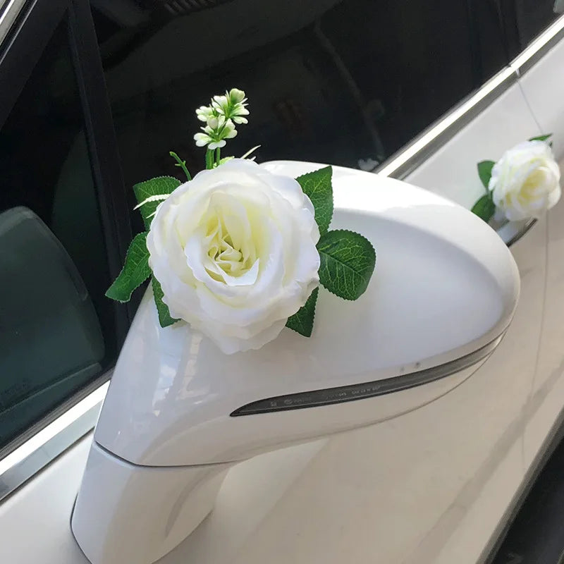 Décoration de voiture de mariage artificielle rose blanche – Ruban de fleurs en soie pour véhicules de mariée et poignées de porte