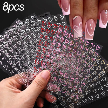 8-Sheet 3D Heart Nail Stickers – Cute Pink Black White Gold Self-Adhesive Nail Art Decals (8×10cm)