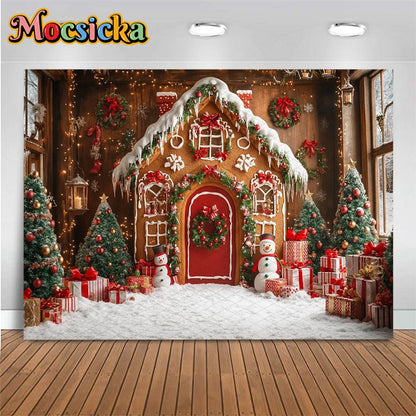 Mocsicka Christmas House Photography Backdrop – Xmas Tree, Snowman & Gifts Holiday Background for Children, Adults, Family & Party Decor