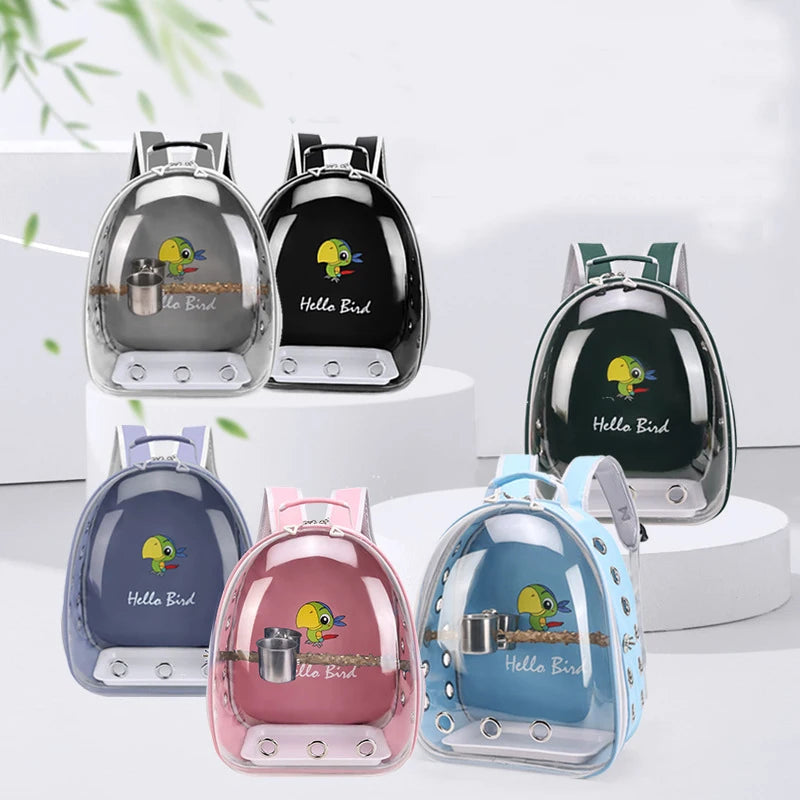 Transparent Bird Carrier Backpack – Portable Birdcage with Perch Platform & Food Cup for Parrots, Cockatiels, Budgies & Lovebirds