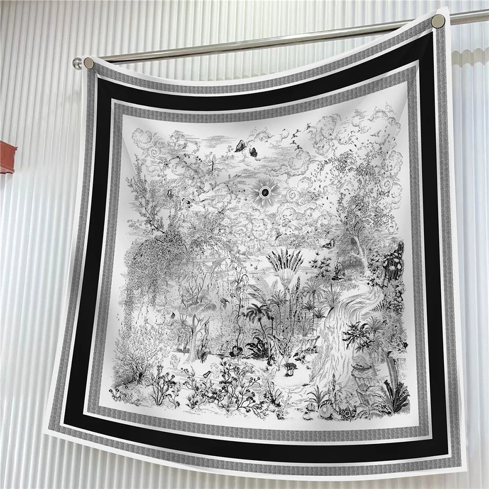 Foulard carré en soie 90 cm pour femme, motif floral, sergé de luxe, bandana, châle, hijab, cache-col, écharpe de tête