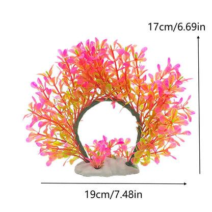 Artificial Underwater Aquarium Plants – Plastic Aquatic Wreath & Fake Shrub Decorations with Green Grass and Pink Accents for Fish Tanks