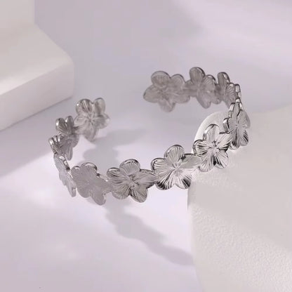 Stainless Steel Open Flower & Leaf Bangle Bracelet – Gold Geometric Cuff Bracelet for Women & Men | Minimalist Fashion Jewelry