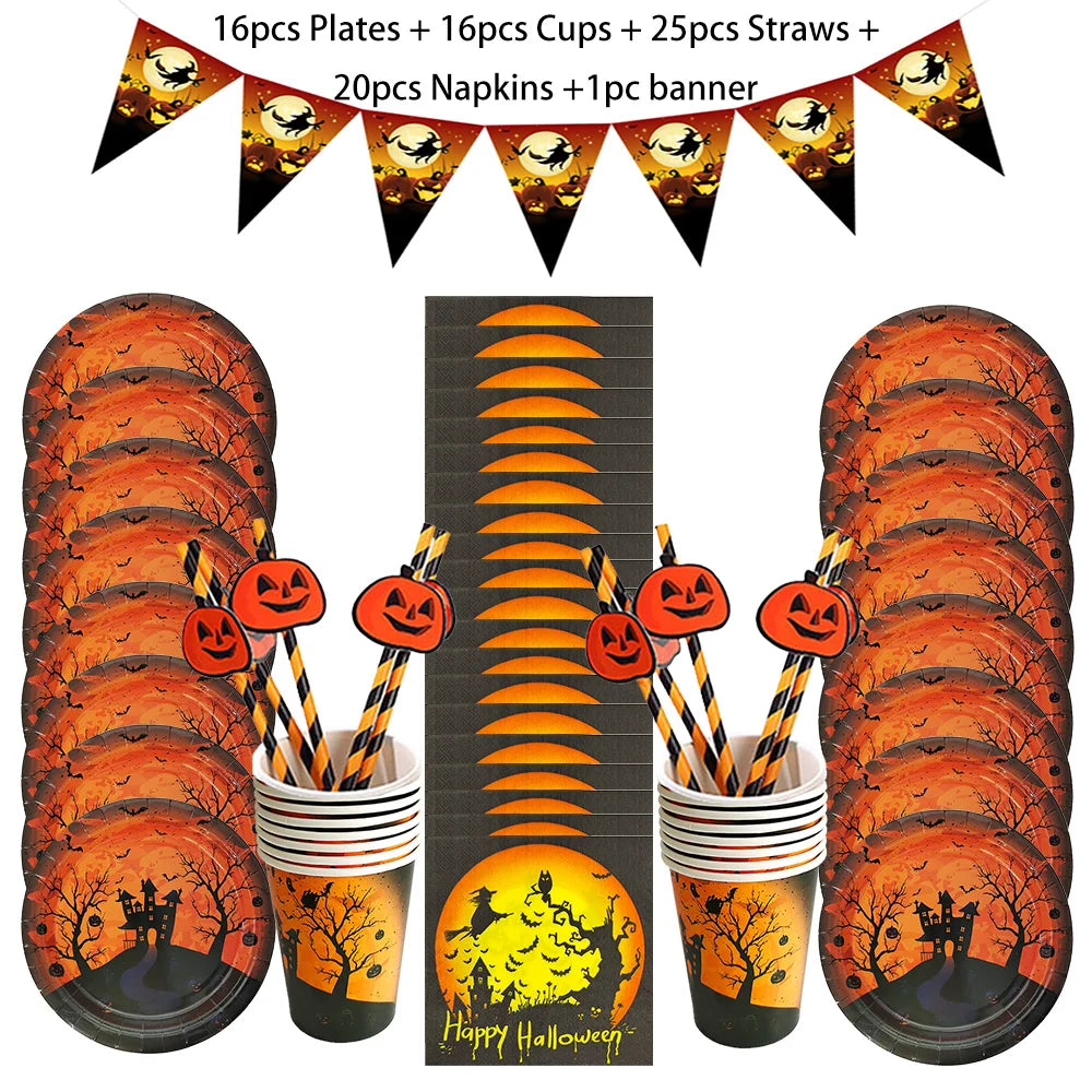 Halloween Disposable Tableware Set 2026, Pumpkin-Themed Paper Plates, Cups, Napkins and Tablecloth, Halloween Party Supplies, Spooky Dining Table Decorations for Home and Parties