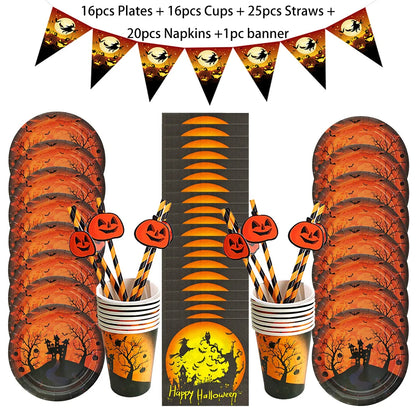 Halloween Disposable Tableware Set 2026, Pumpkin-Themed Paper Plates, Cups, Napkins and Tablecloth, Halloween Party Supplies, Spooky Dining Table Decorations for Home and Parties