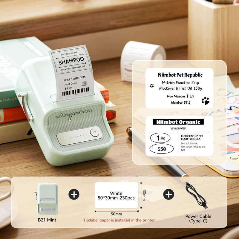 NiiMbot B21 Mini Thermal Label Printer – Wireless Bluetooth Barcode Label Maker with Portable Adhesive Printing for Office & Business