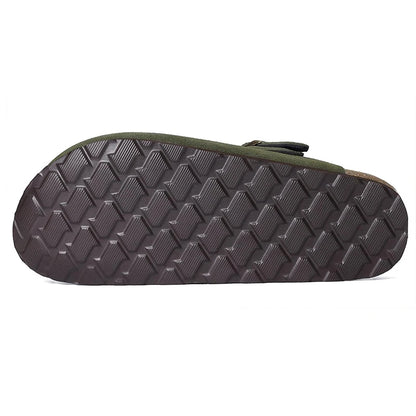 Kidmi Zuecos de ante de vaca para mujer y hombre, mules con plantilla de corcho, correa ajustable y soporte para el arco del pie