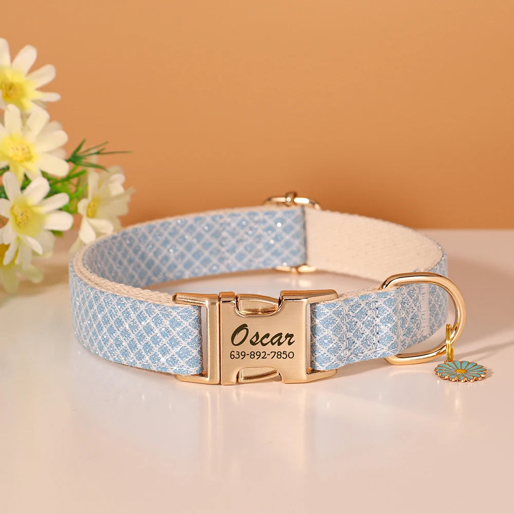 Custom Bling Nylon Dog Collar – Personalized Engraved ID Name Collar with Cute Flower Tag for Small & Medium Dogs and Cats
