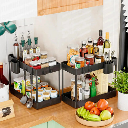 2-Tier Pull Out Under Sink Organizer – Slide-Out Cabinet Storage Rack with Hooks & Cups for Kitchen & Bathroom