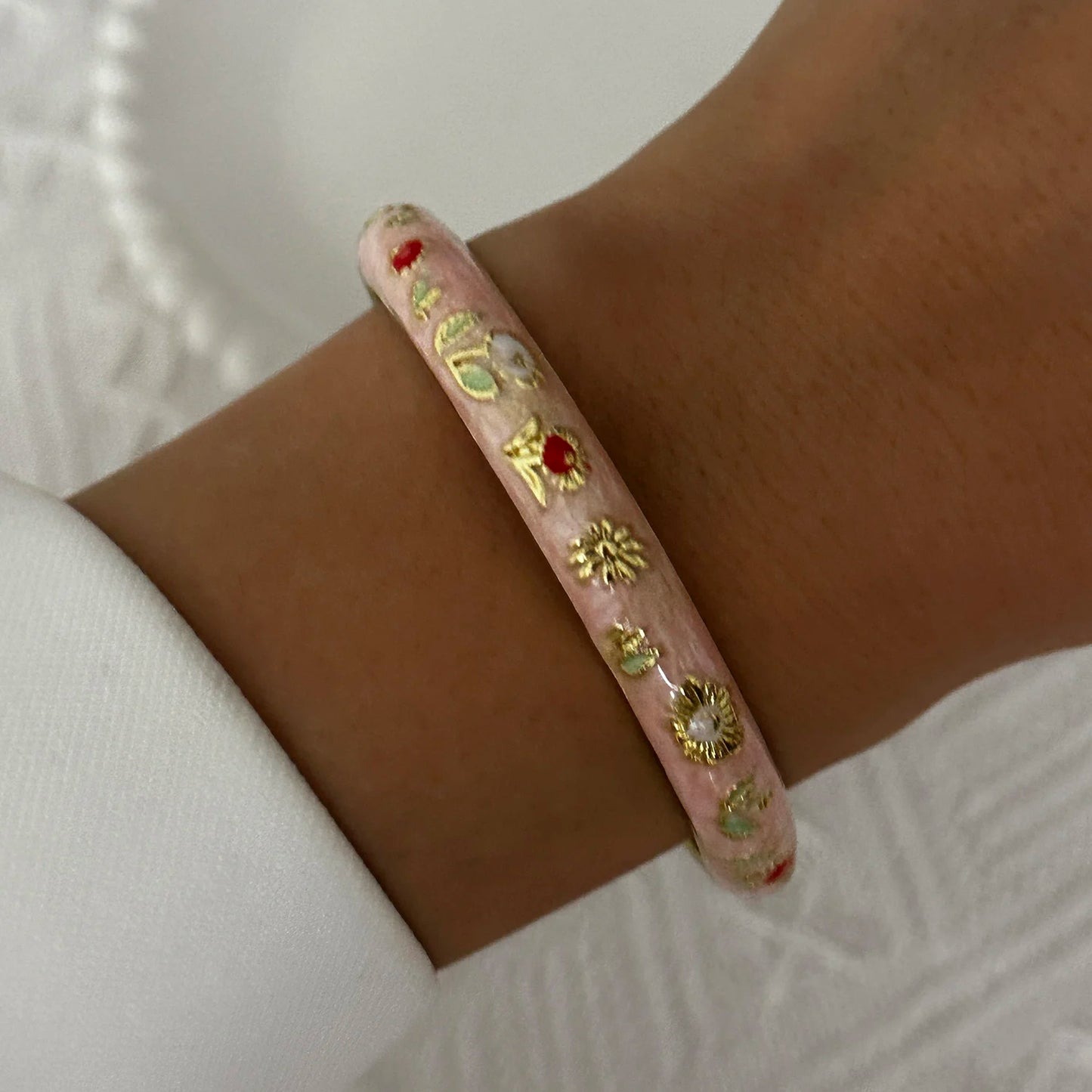 Elegante pulsera de esmalte de flores con circonitas – Pulsera retro chapada en oro con ojo turco floral para mujer | Joyería de moda para fiesta