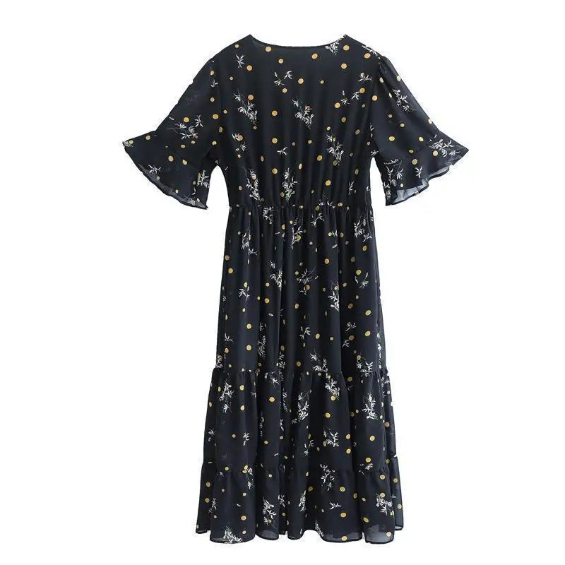 Plus Size Women's Floral Chiffon Dress – Elegant V-Neck A-Line Midi Dress with Flowy Skirt for Summer