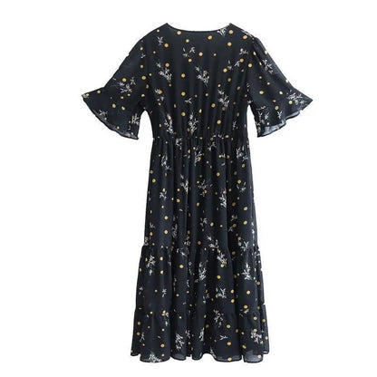 Plus Size Women's Floral Chiffon Dress – Elegant V-Neck A-Line Midi Dress with Flowy Skirt for Summer