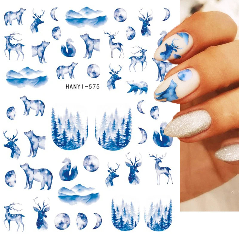 3D Christmas Nail Art Stickers – Snowflake & Winter Tree Nail Decals for Nail Tips Decoration