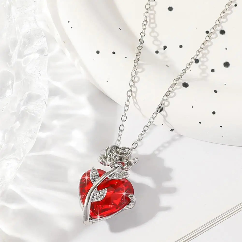 Dark Red Faux Crystal Rose Pendant Necklace – Love Heart Flower Choker for Women, Gothic Punk Jewelry for Dating, Banquets & Daily Wear